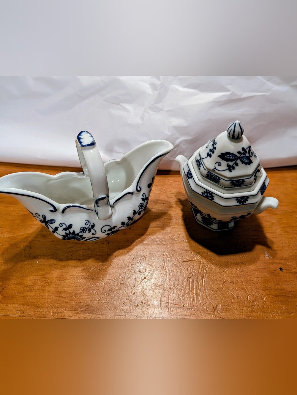 Vintage Vienna Woods Blue Floral Fine China Sauce Boat and Lidded Sugar Dish Set
